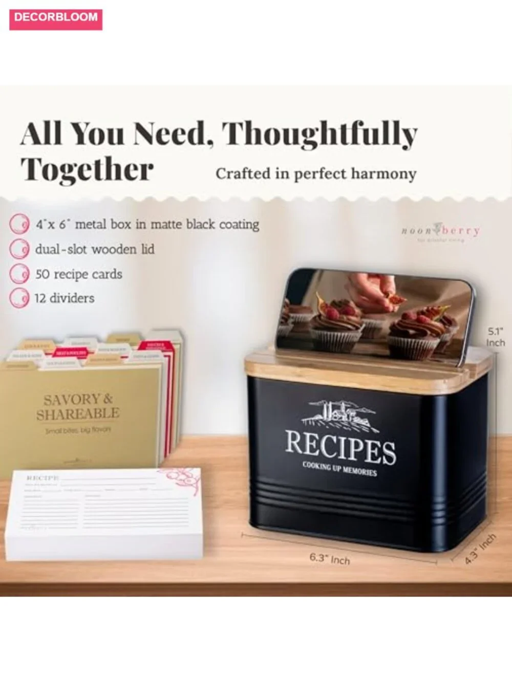 Metal Recipe Box & 3 Kitchen Canisters Set with Utensil Holder